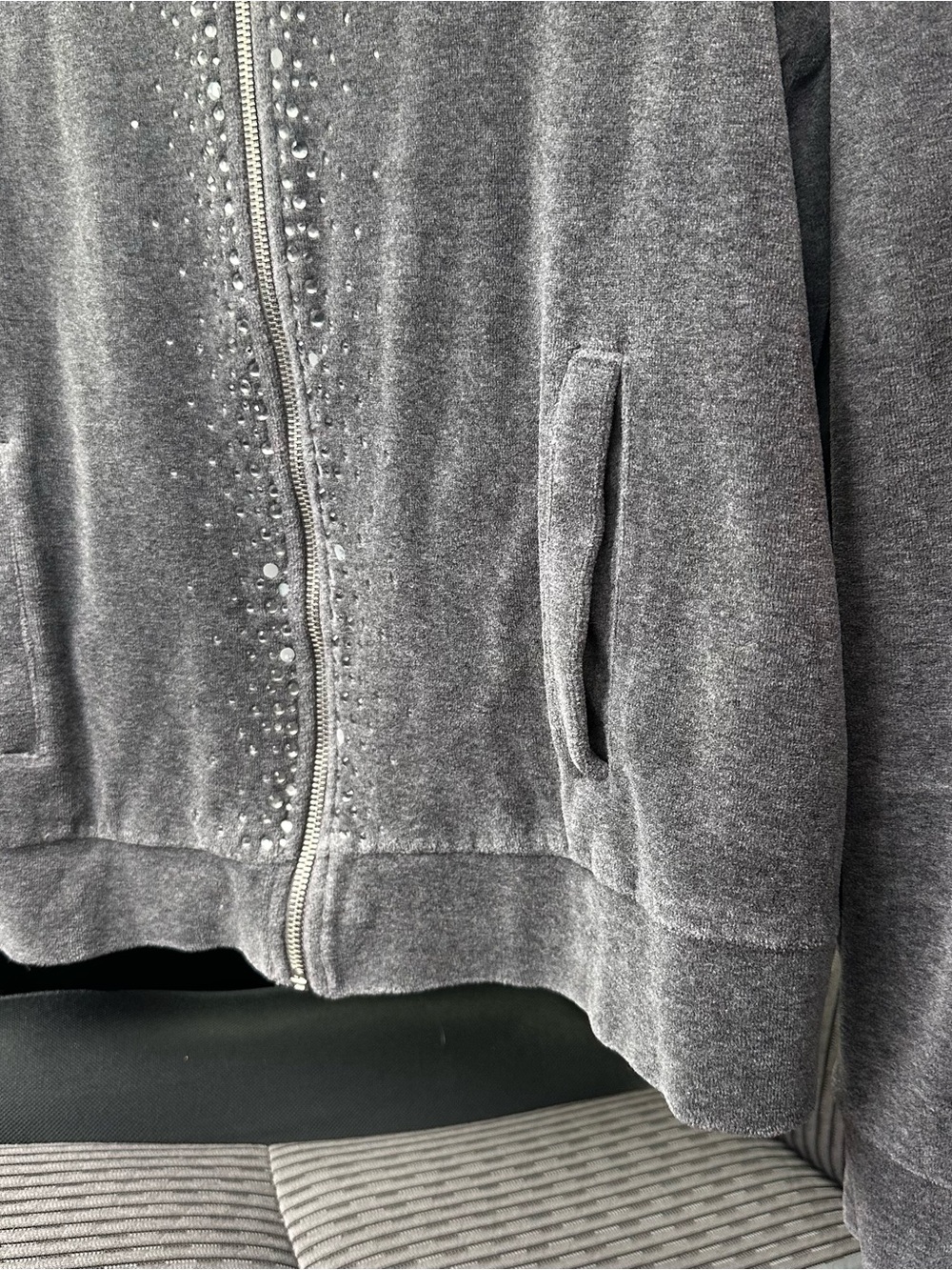 Ruby Rd. Gray Velour Zip-Up Jacket with Rhinestone Accents - Picture 4 of 5